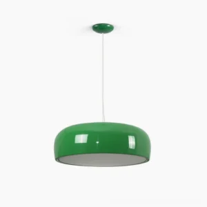 Harper dome pendant light in glossy green finish, frontal studio view showcasing the flattened aluminum shade design with matching green ceiling canopy