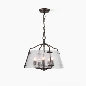 Harrow industrial five-head pendant chandelier with dark bronze frame and rippled glass shades, front studio view