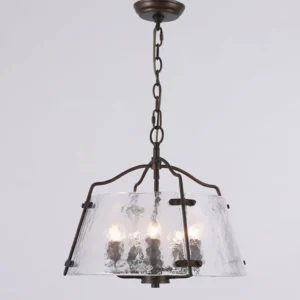 Overhead view of Harrow pendant chandelier showing trapezoid glass shade configuration and exposed chain suspension