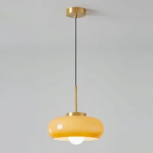 Harvey mid-century pendant ceiling lamp direct front view featuring orange amber glass orb shade, minimalist design