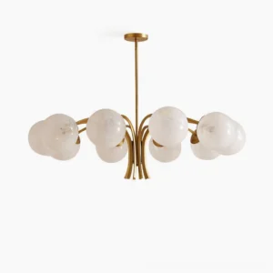 Havana 10-light brass globe chandelier with frosted white glass shades and polished gold metal frame, front-facing studio view