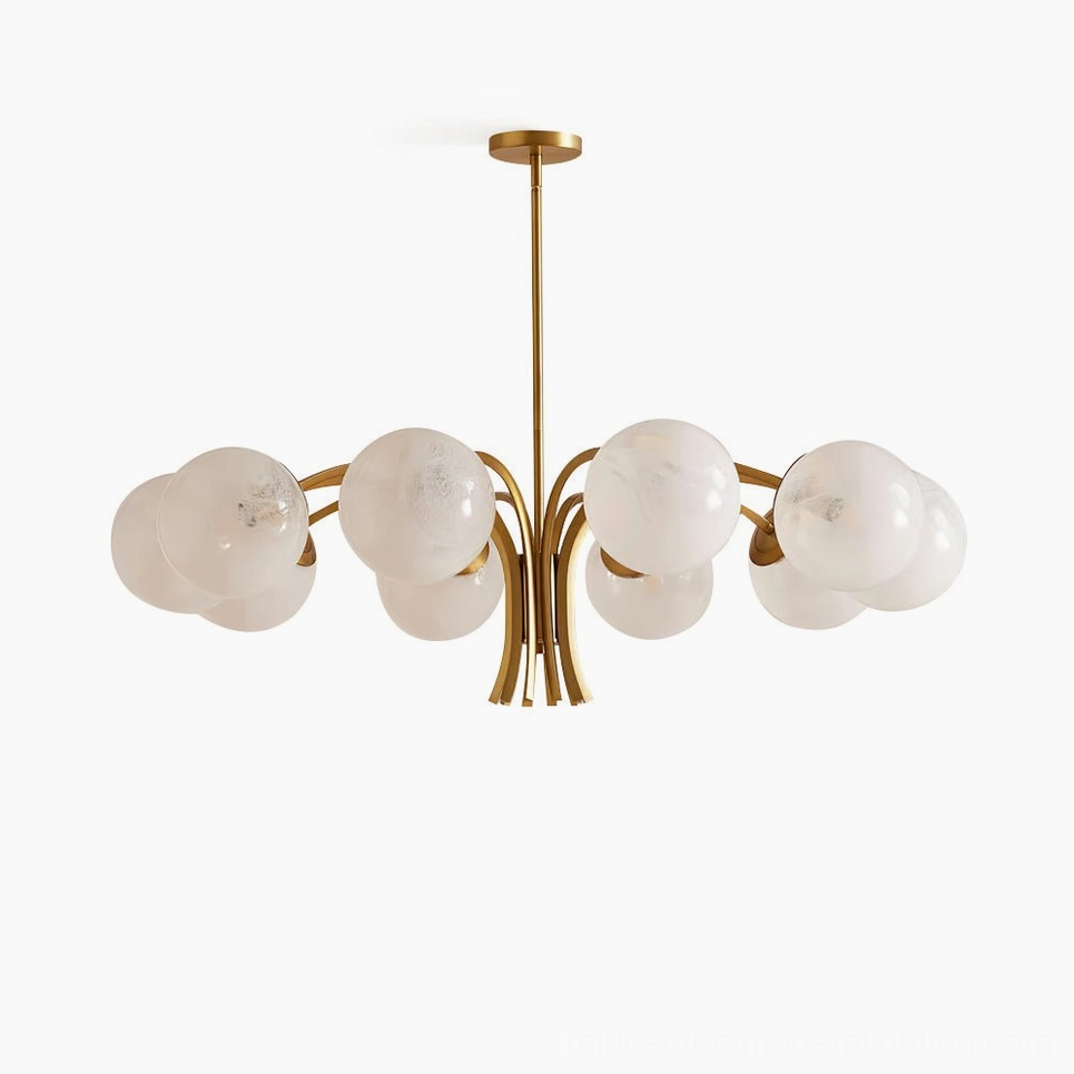 Havana 10-light brass globe chandelier with frosted white glass shades and polished gold metal frame, front-facing studio view