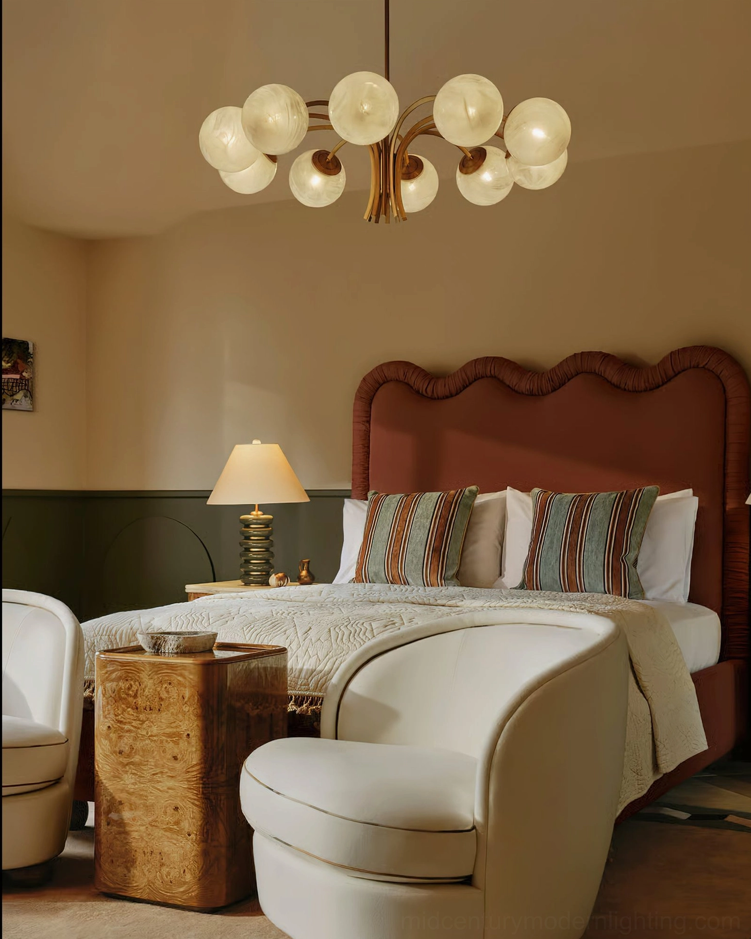 Mid-century modern 10-light brass globe chandelier, sculptural form showcasing geometric design