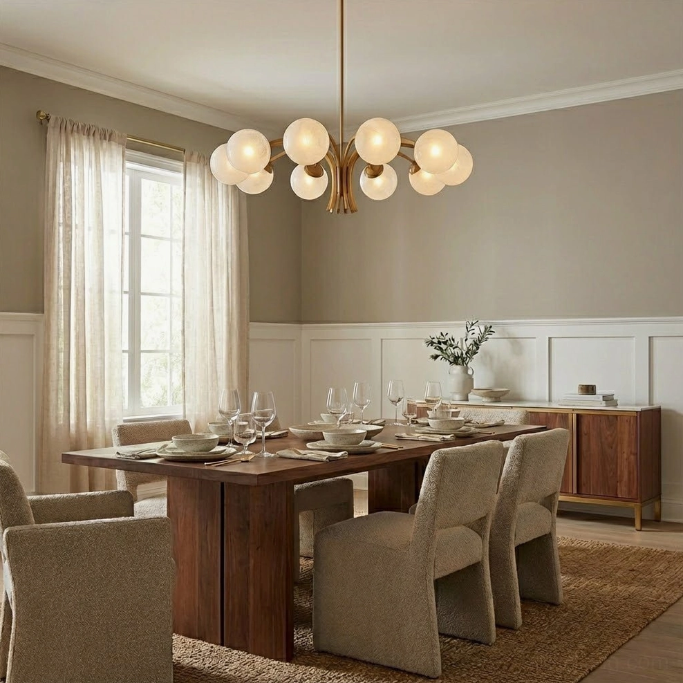 Havana 10-light mid-century modern brass chandelier with glass globe shades, detailed product shot