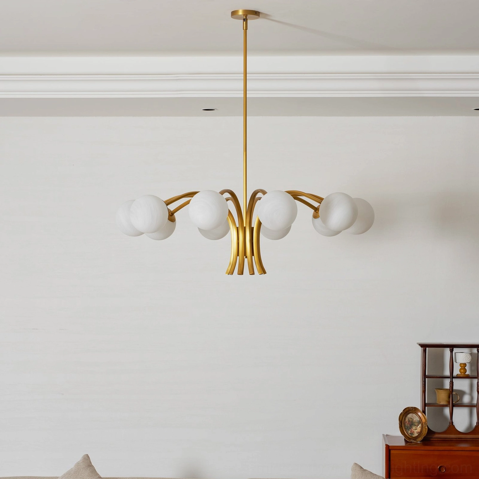 Havana brass sphere chandelier with frosted glass and brass frame, contemporary modern style