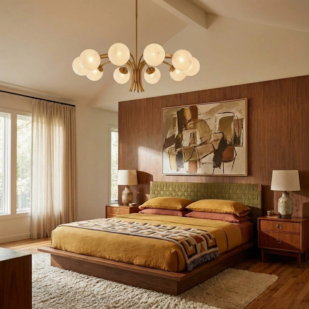 Globe chandelier in warm wood-toned master bedroom with upholstered headboard and large abstract wall art