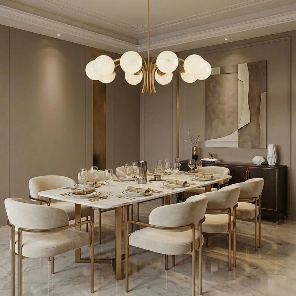 Close-up detail of brass frame and frosted glass sphere of Havana mid-century chandelier