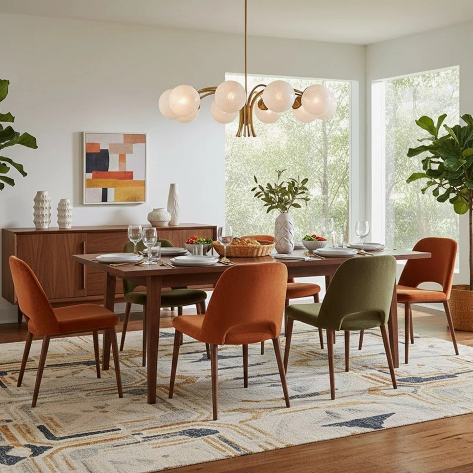 Globe chandelier in bright sunlit modern dining room with colorful area rug, wooden sideboard, and artwork