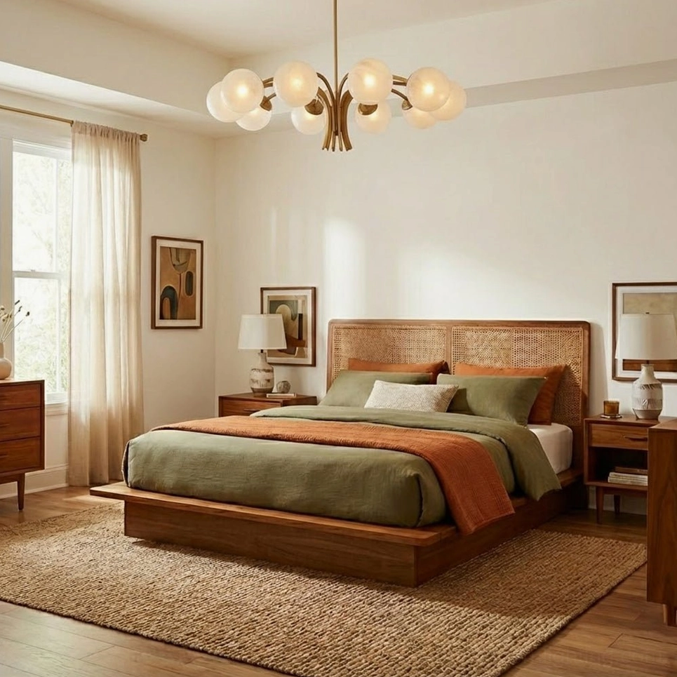 Brass globe chandelier in cozy mid-century modern bedroom with rattan headboard and earthy tone bedding