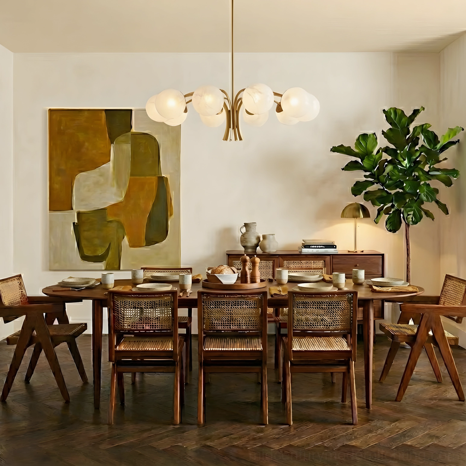 Havana brass globe chandelier installed in mid-century modern dining room above wooden table with abstract wall art