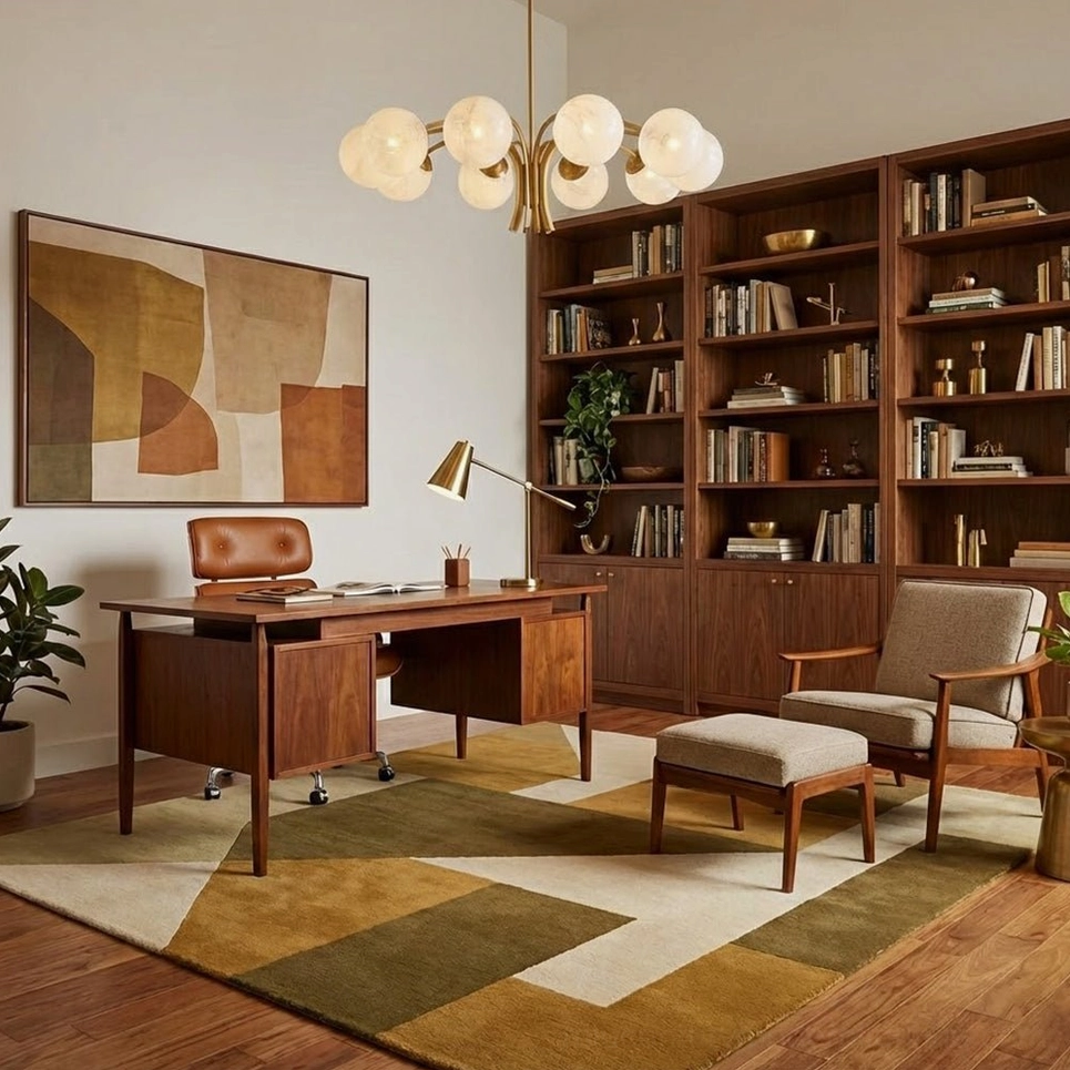 Brass globe chandelier in mid-century modern home office with wooden bookshelves, leather chair, and geometric rug