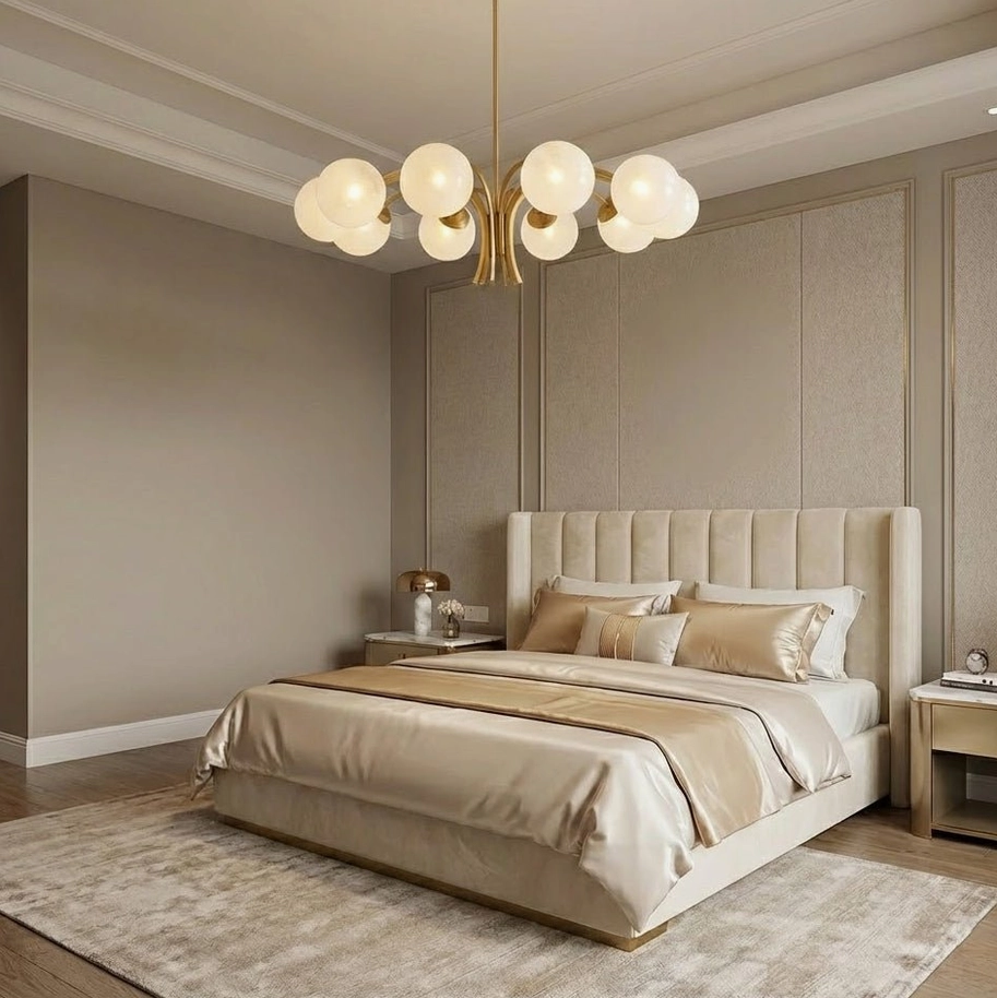 Brass globe chandelier in minimalist modern master bedroom with tufted headboard and neutral bedding