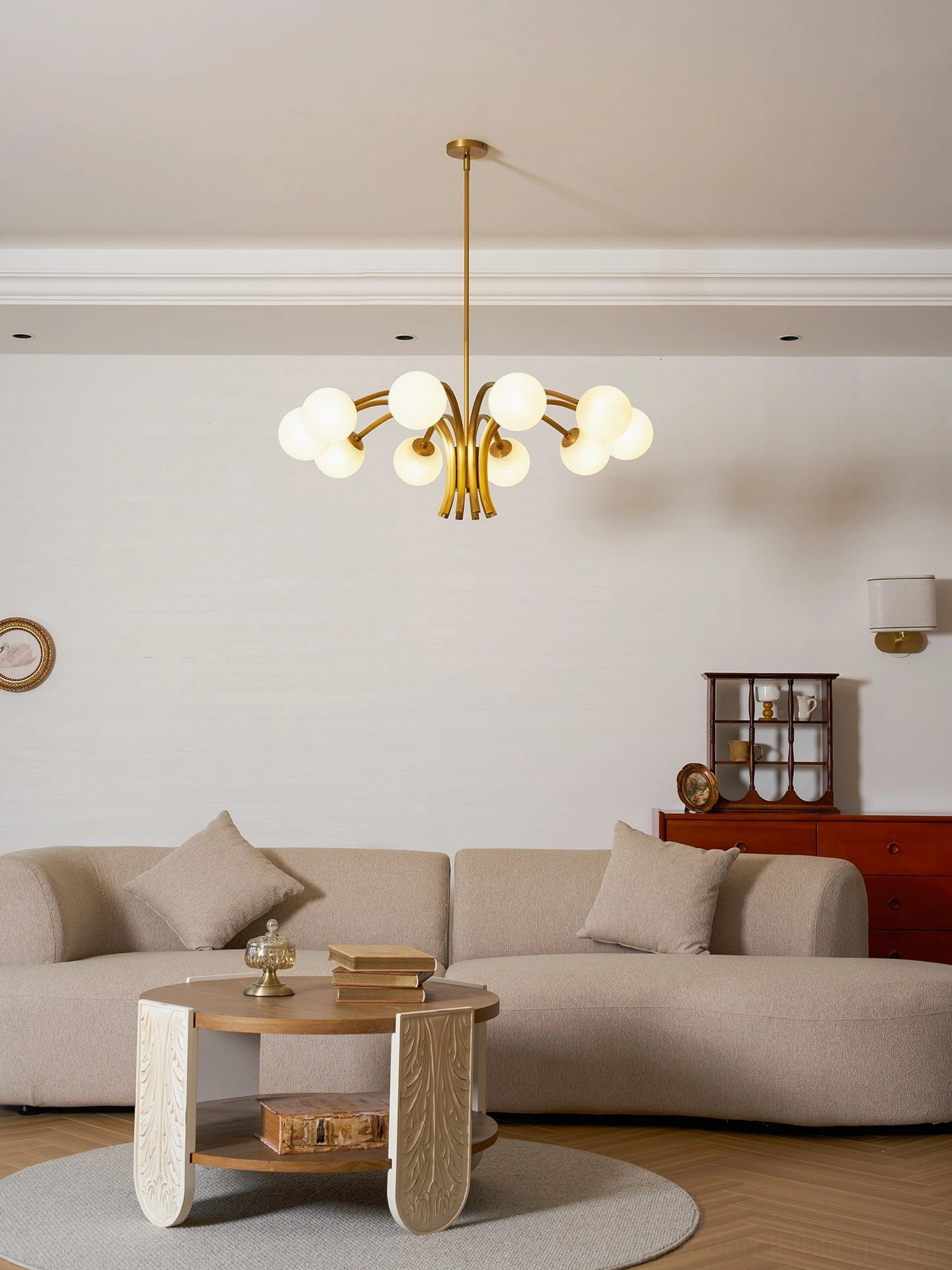 Elegant 10-light Havana chandelier with brass frame and frosted glass globes, statement lighting fixture