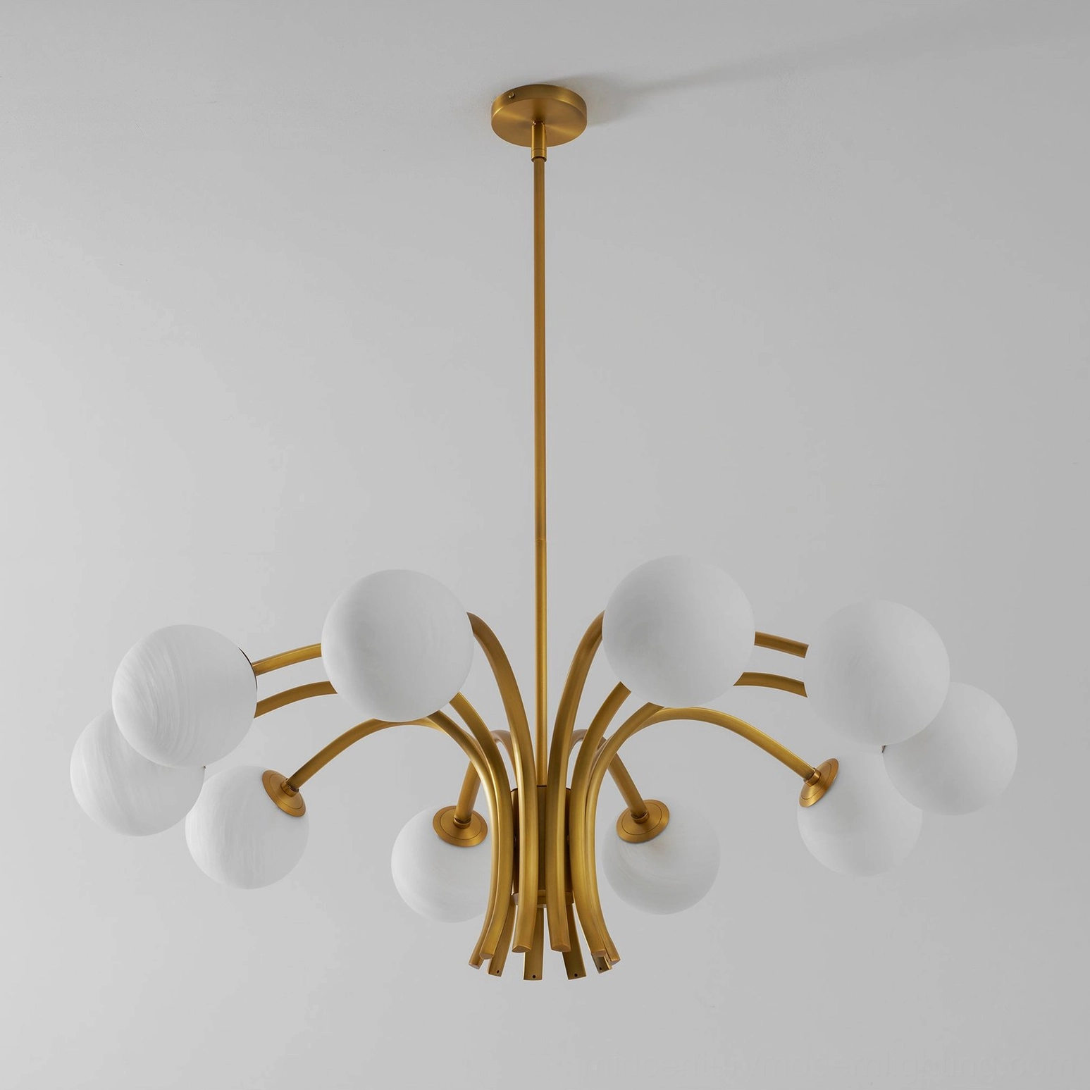 Contemporary 10-light brass chandelier with geometric glass sphere design, mid-century modern