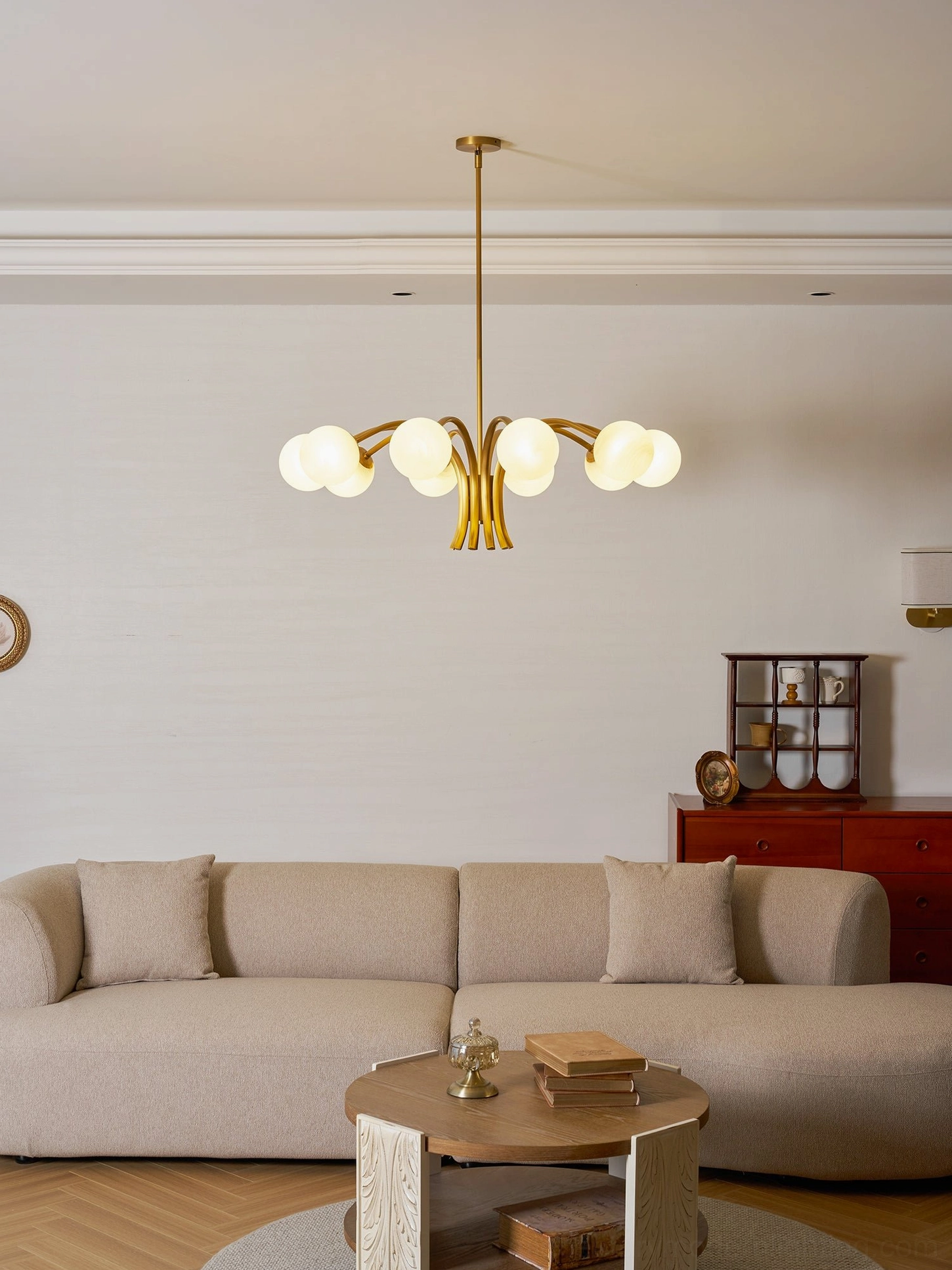 Havana mid-century modern chandelier featuring brass construction and luminous glass orbs