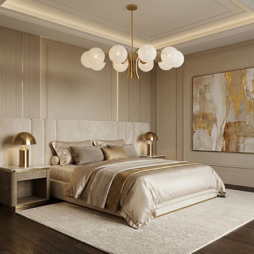 Havana 10-light chandelier with polished brass arms and white glass globes, contemporary studio photography