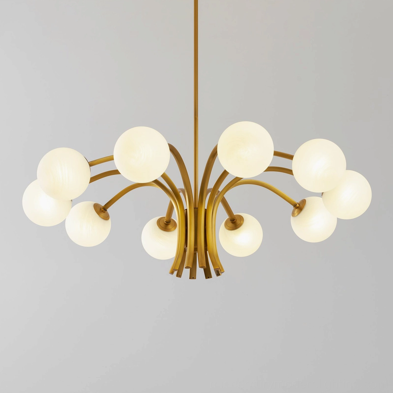 Mid-century modern 10-light chandelier with polished brass and frosted white glass orbs