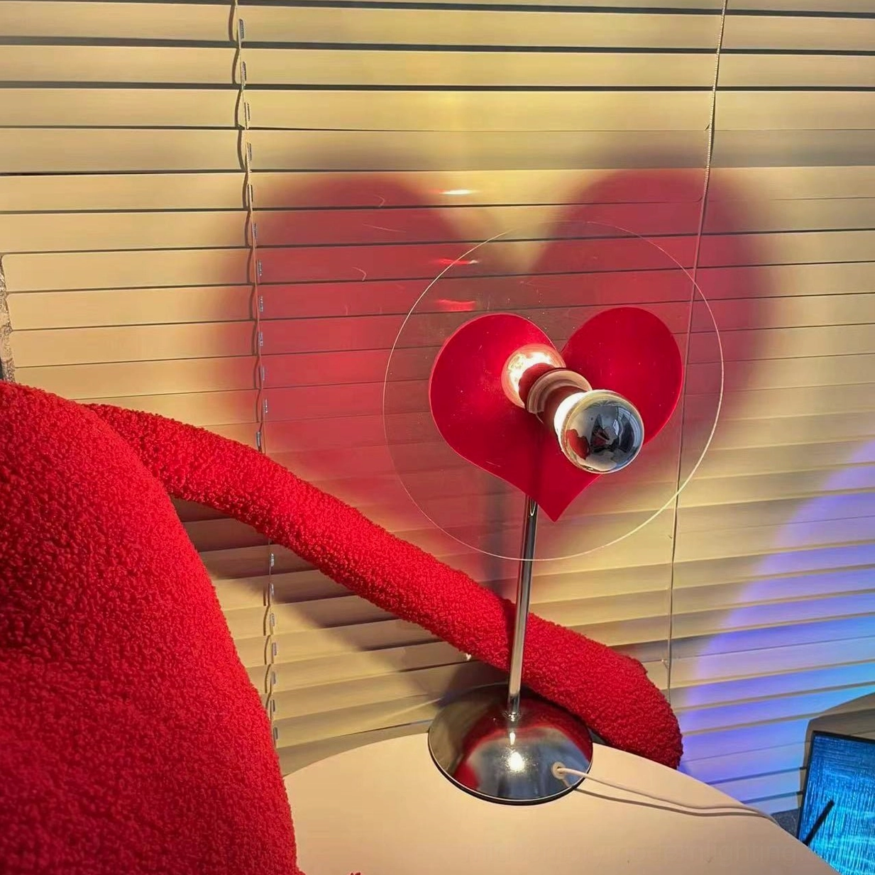 Heart-shaped LED projection table lamp full product view with chrome finish and clear acrylic components