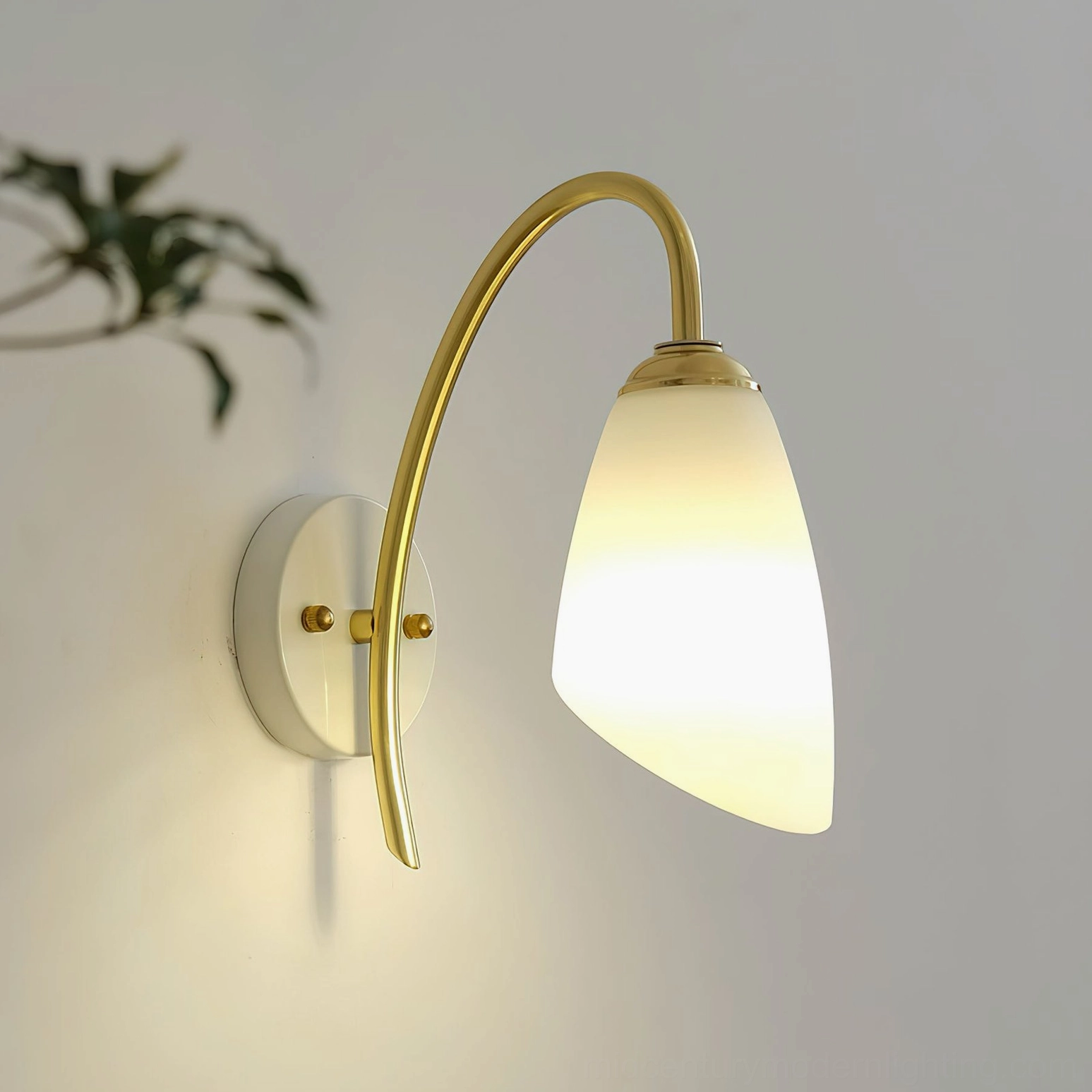 Hector wall lamp close-up frontal view showing illuminated frosted glass shade and brass detail