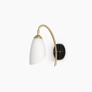 Hector brass curved wall sconce with frosted glass shade, frontal view on white background