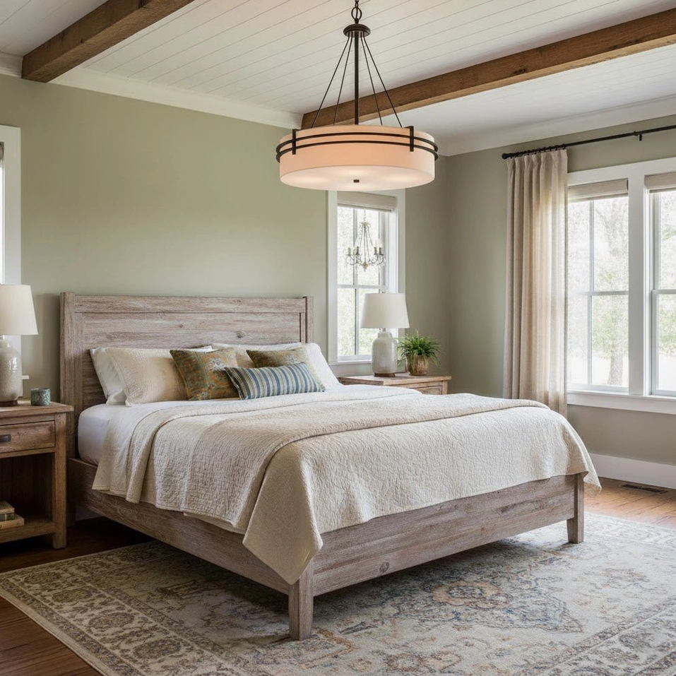 Heddle pendant lamp in modern farmhouse master bedroom with soft neutral color palette