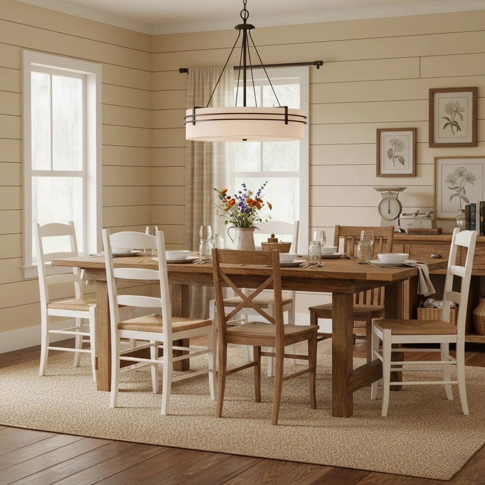 Heddle chandelier fixture in casual farmhouse dining space with shiplap walls and mixed seating