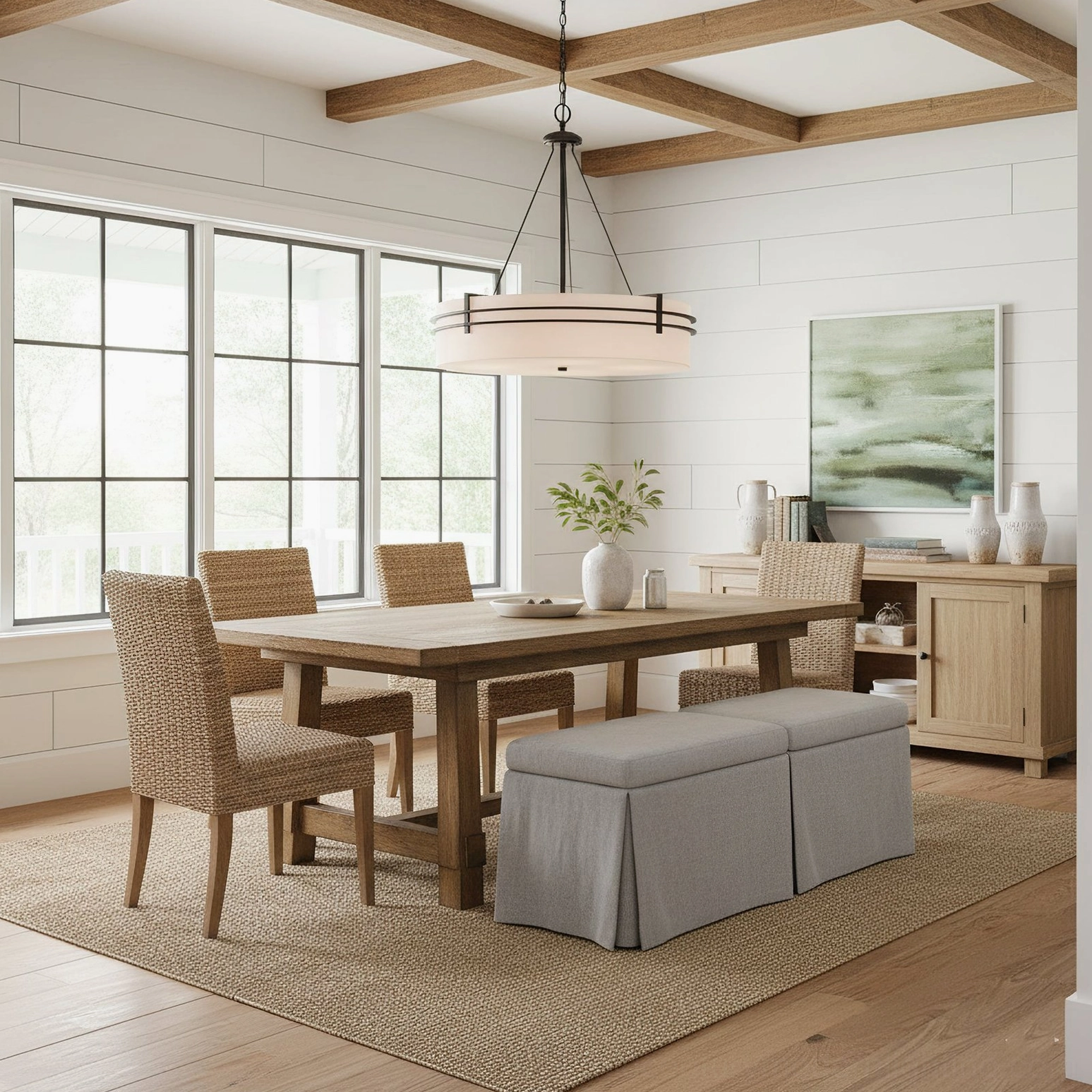 Black Heddle pendant lamp hanging in rustic farmhouse dining room with coffered ceiling