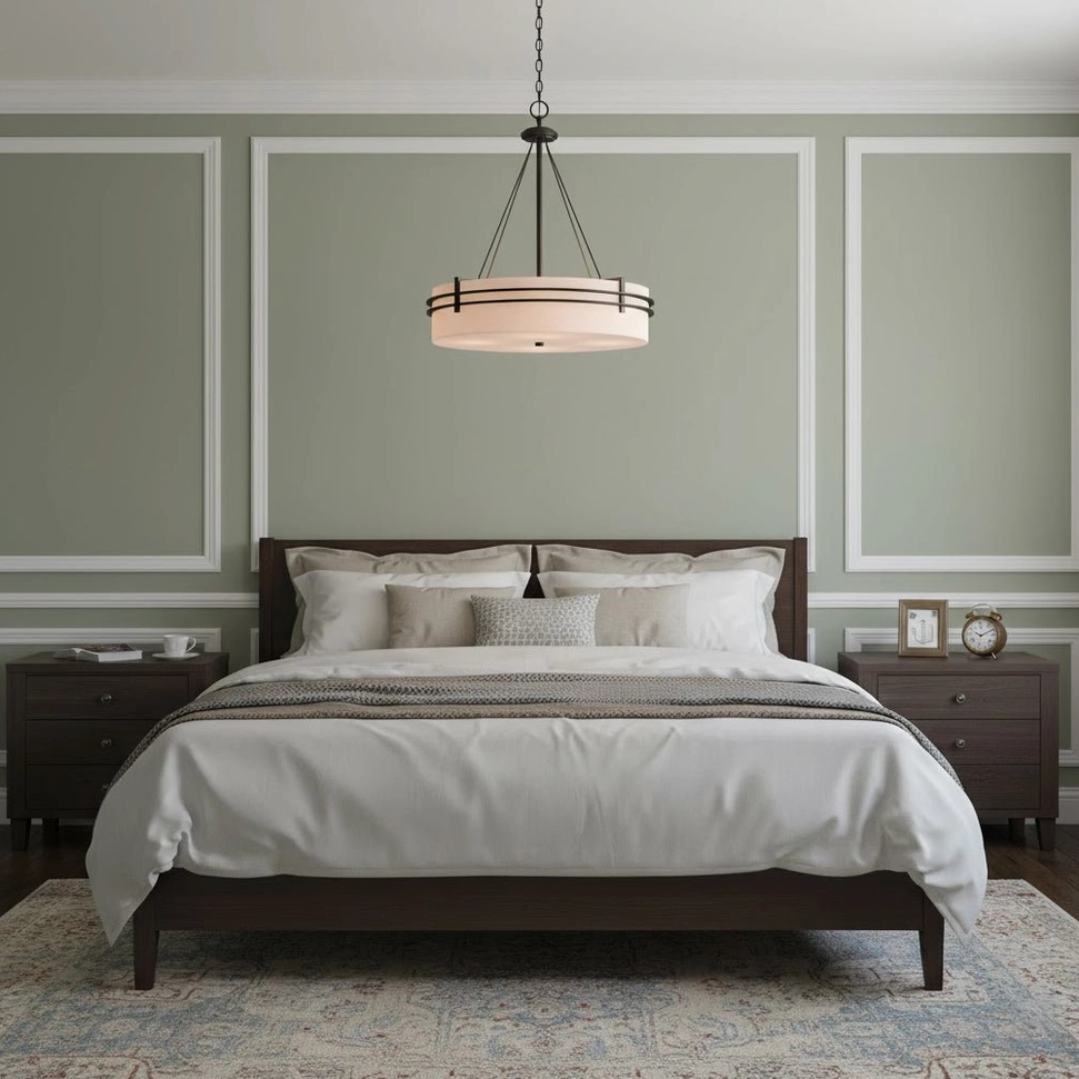 Minimalist bedroom with Heddle pendant chandelier, dark wood nightstands, and green accent wall
