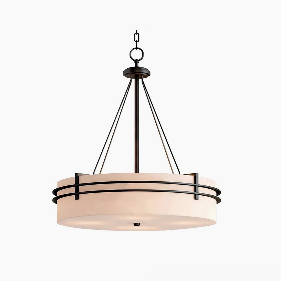 Heddle drum pendant chandelier with black metal frame and white fabric shade, frontal studio view on white background