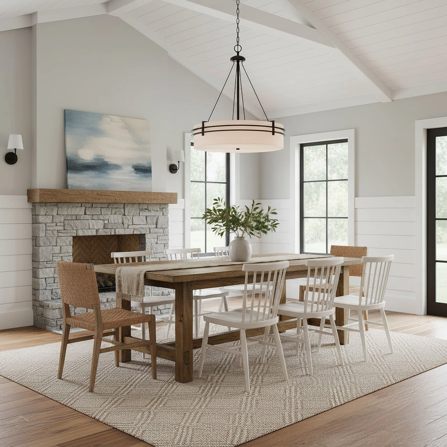 Close-up of Heddle pendant lamp metal frame construction and fabric shade quality