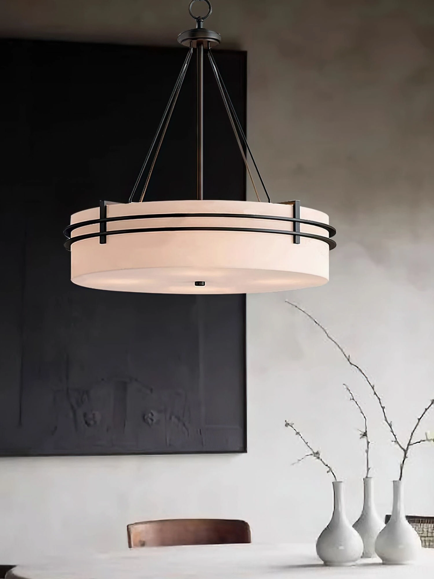 Heddle drum pendant light fixture in contemporary home interior styling