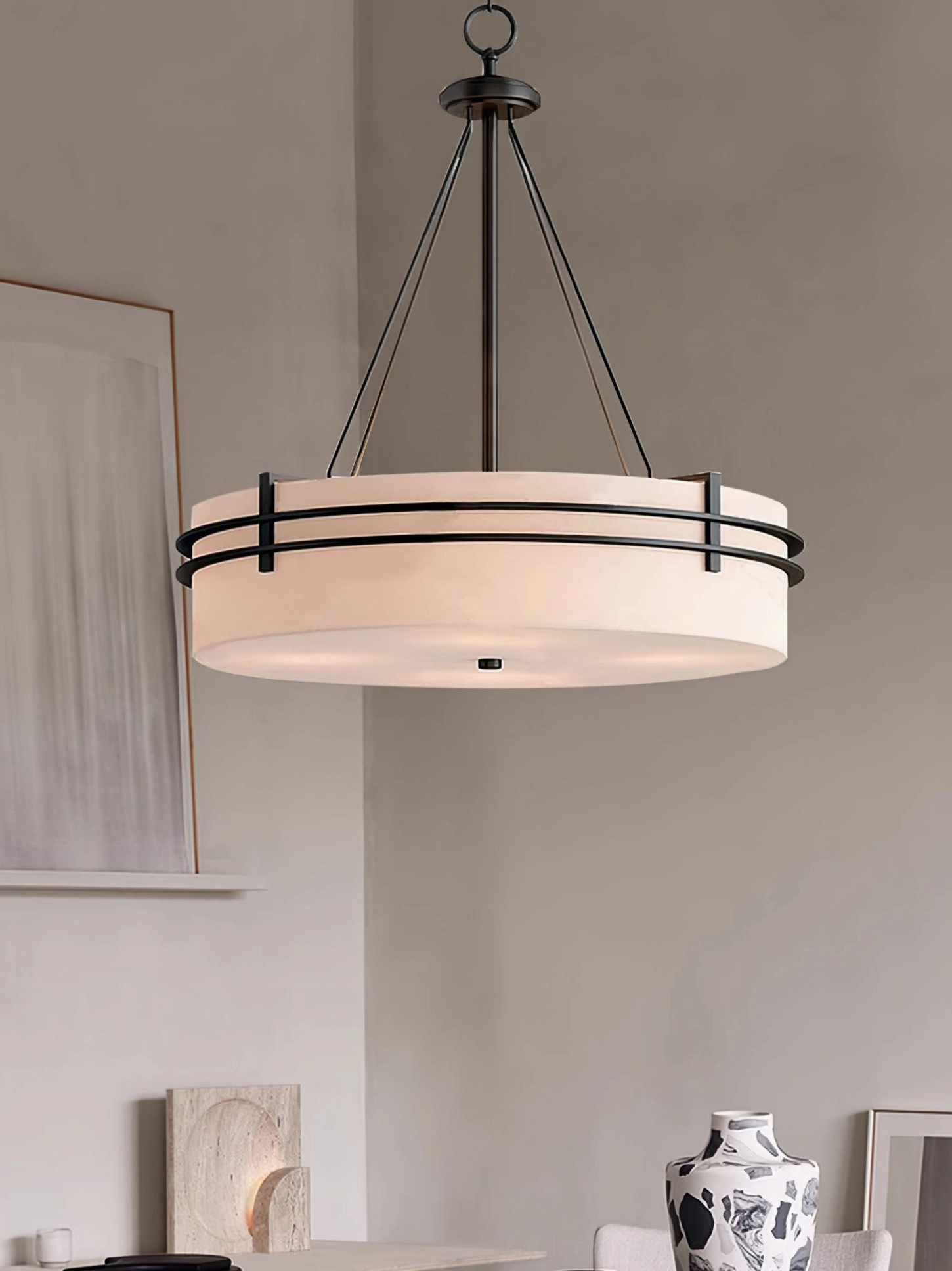 Heddle ceiling pendant lamp with metal frame and fabric shade design detail