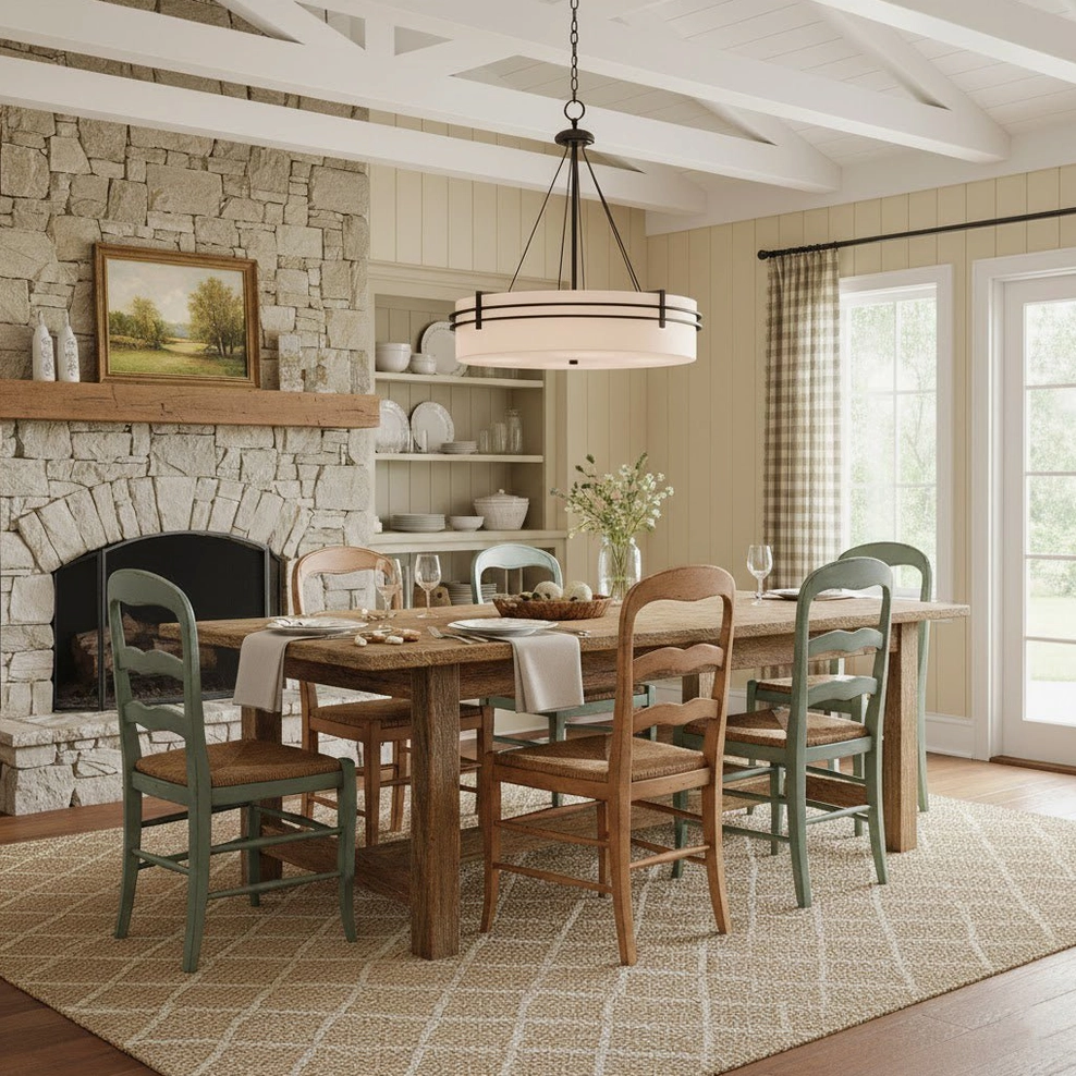 Heddle drum pendant chandelier above wooden farmhouse dining table and stone fireplace accent wall