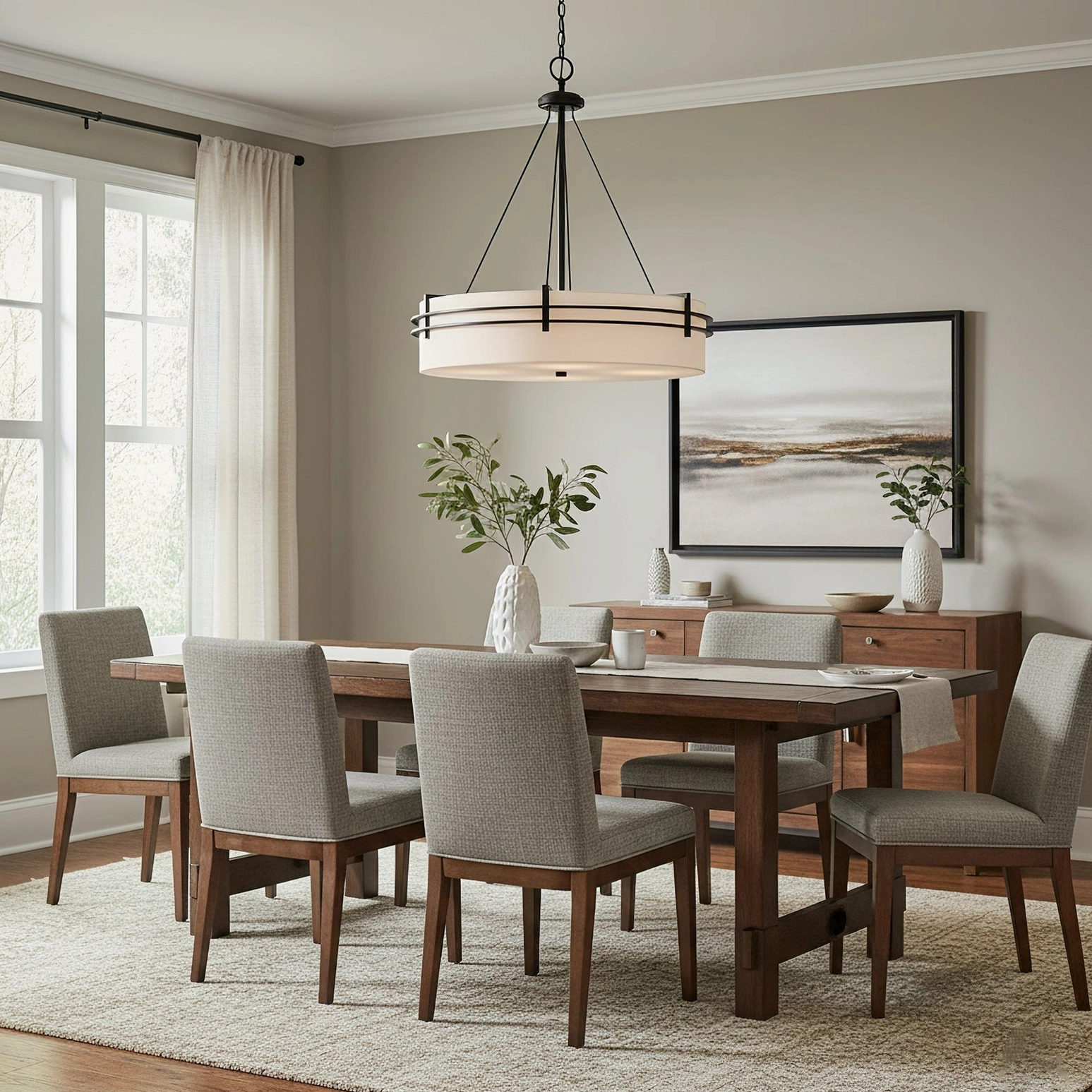 Heddle drum chandelier illuminated showing light diffusion through white fabric shade