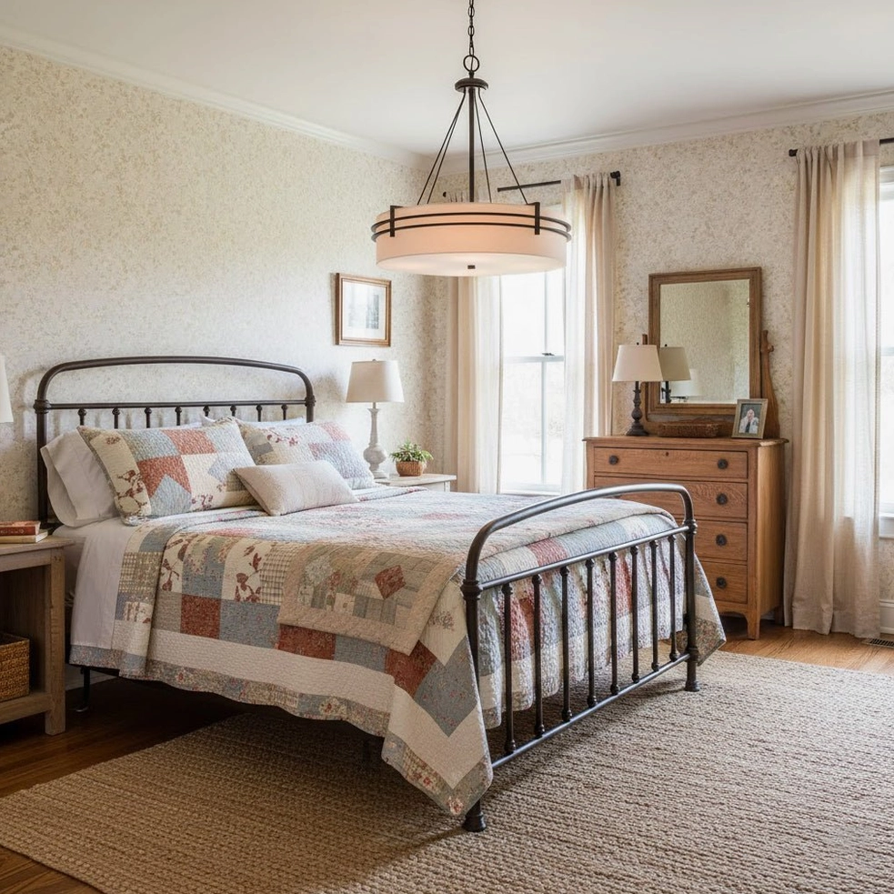 Vintage farmhouse bedroom with Heddle pendant light above metal bed frame and quilted bedding