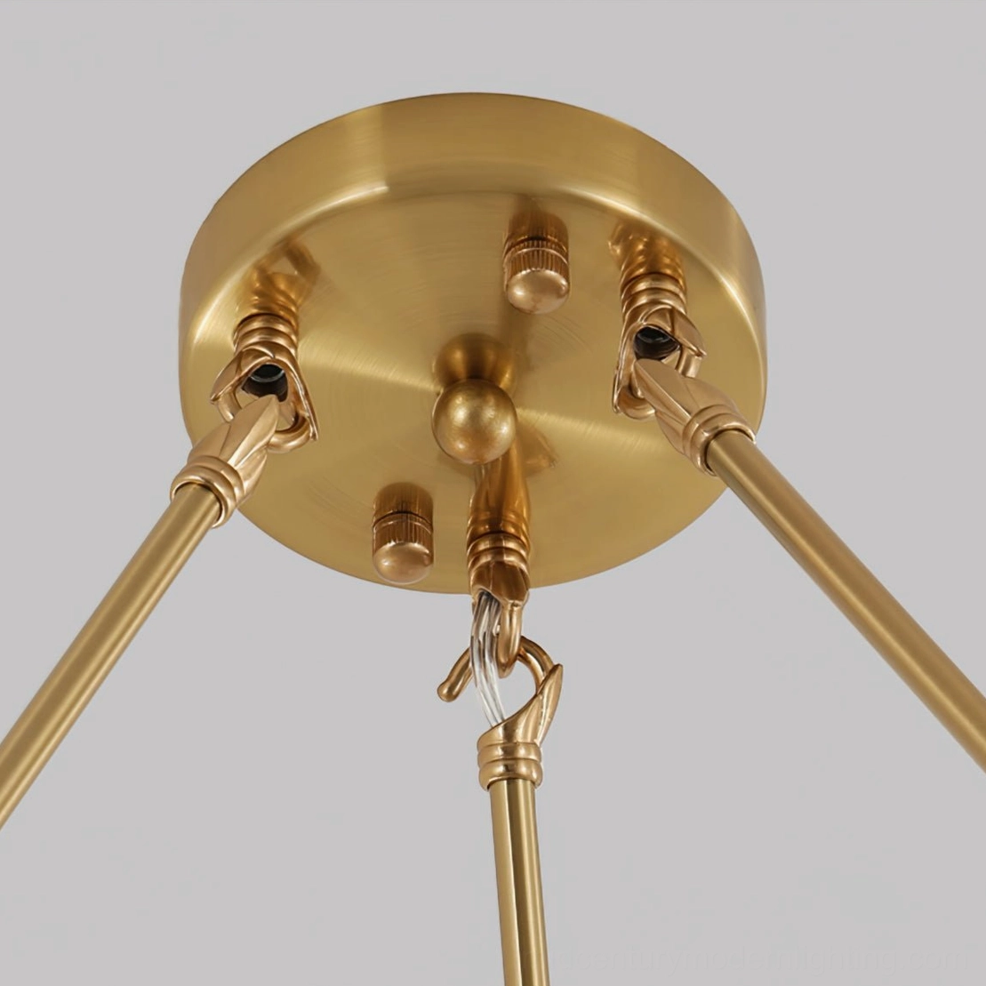 Helios chandelier ceiling mounting hardware and brushed metal support structure detail