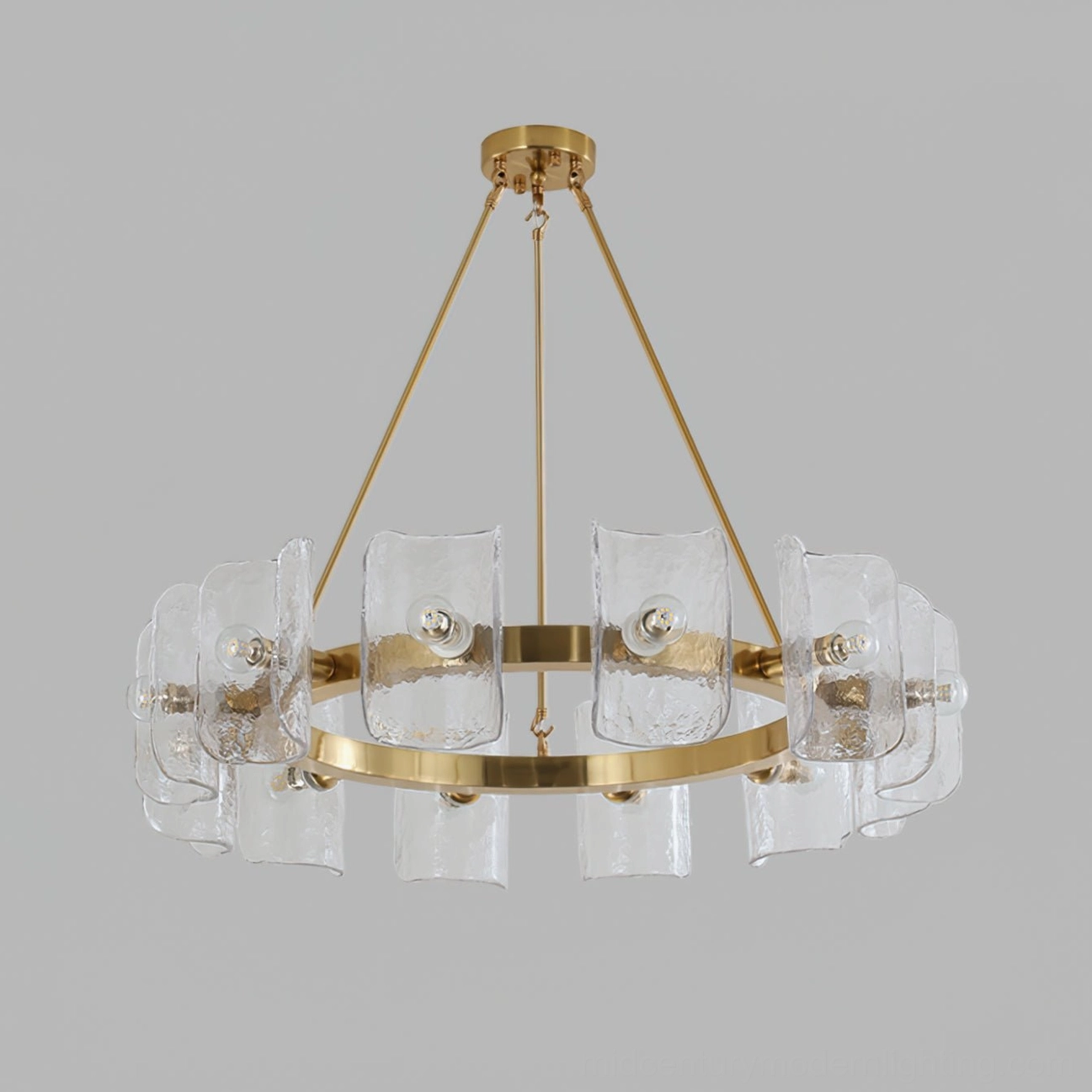 Helios mid-century modern ring chandelier with compact brushed copper frame and rippled clear glass on white background