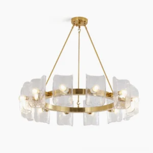 Helios mid-century modern ring chandelier with brushed copper frame and rippled glass shades, frontal view on white background
