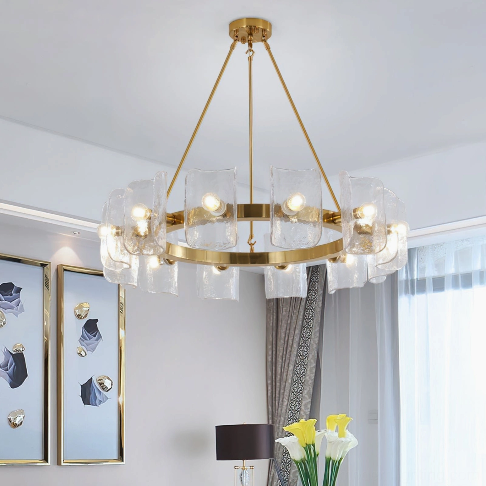 Helios mid-century modern chandelier installed in luxury residential living room above dining area