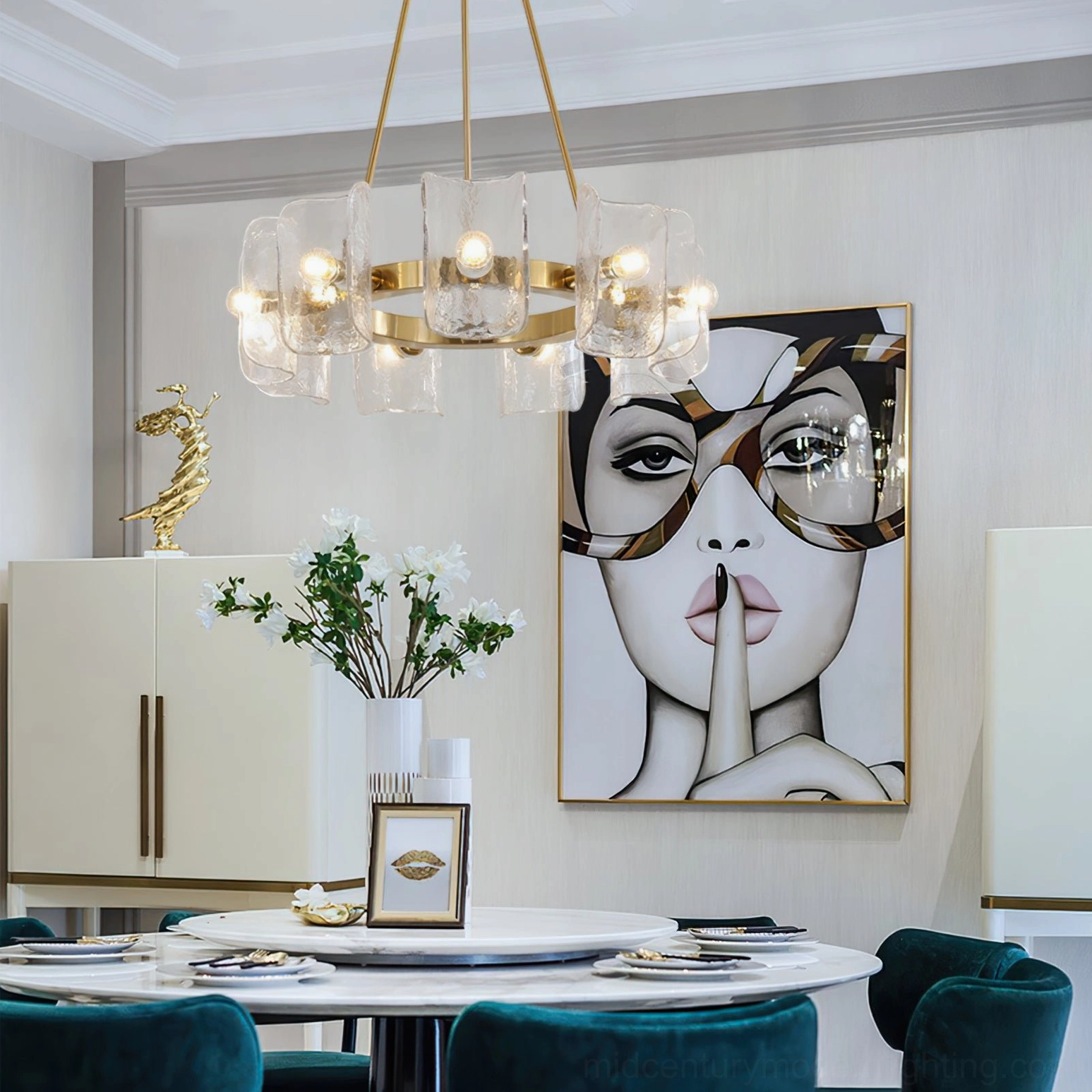Helios chandelier suspended above round dining table in high-end interior design setting