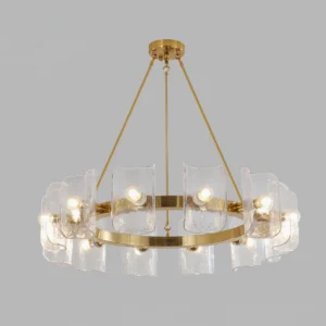 Close-up detail of Helios chandelier bulb configuration and textured glass shade diffuser