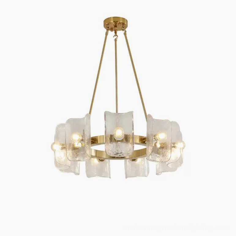 Helios chandelier medium size option with brushed copper finish and multiple rippled glass shade configuration