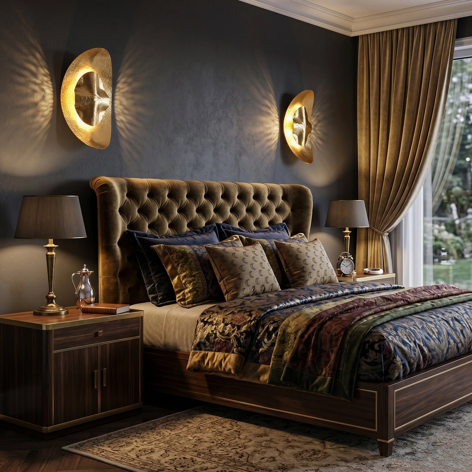 Matching Helios brass sconces on either side of dark master bedroom with tufted headboard and bedside table styling