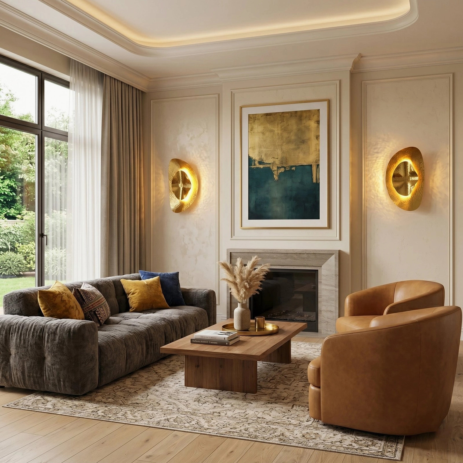 Twin Helios brass sconces above fireplace in formal luxury living room creating warm balanced accent lighting