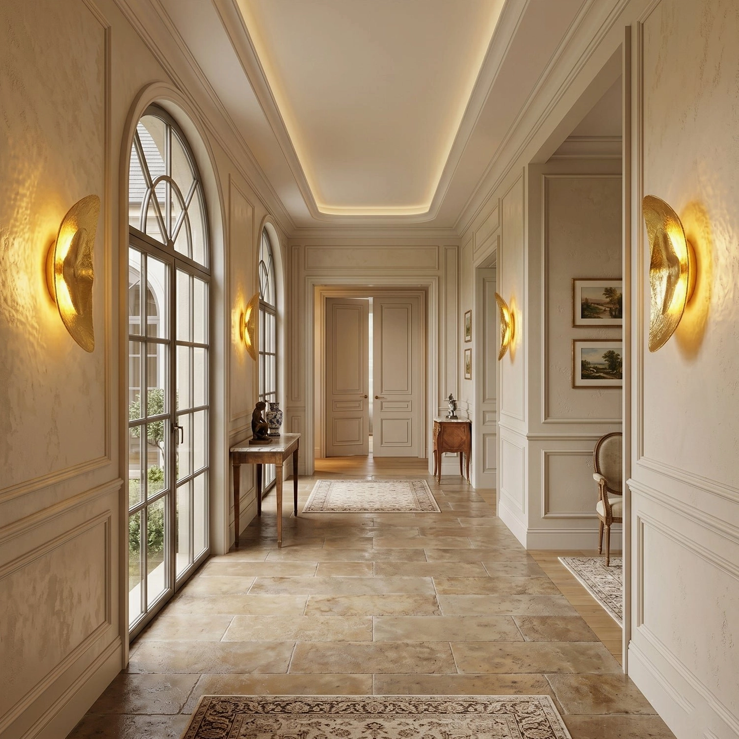 Multiple Helios brass wall sconces symmetrically arranged in neoclassical hallway with arched windows and historic architecture