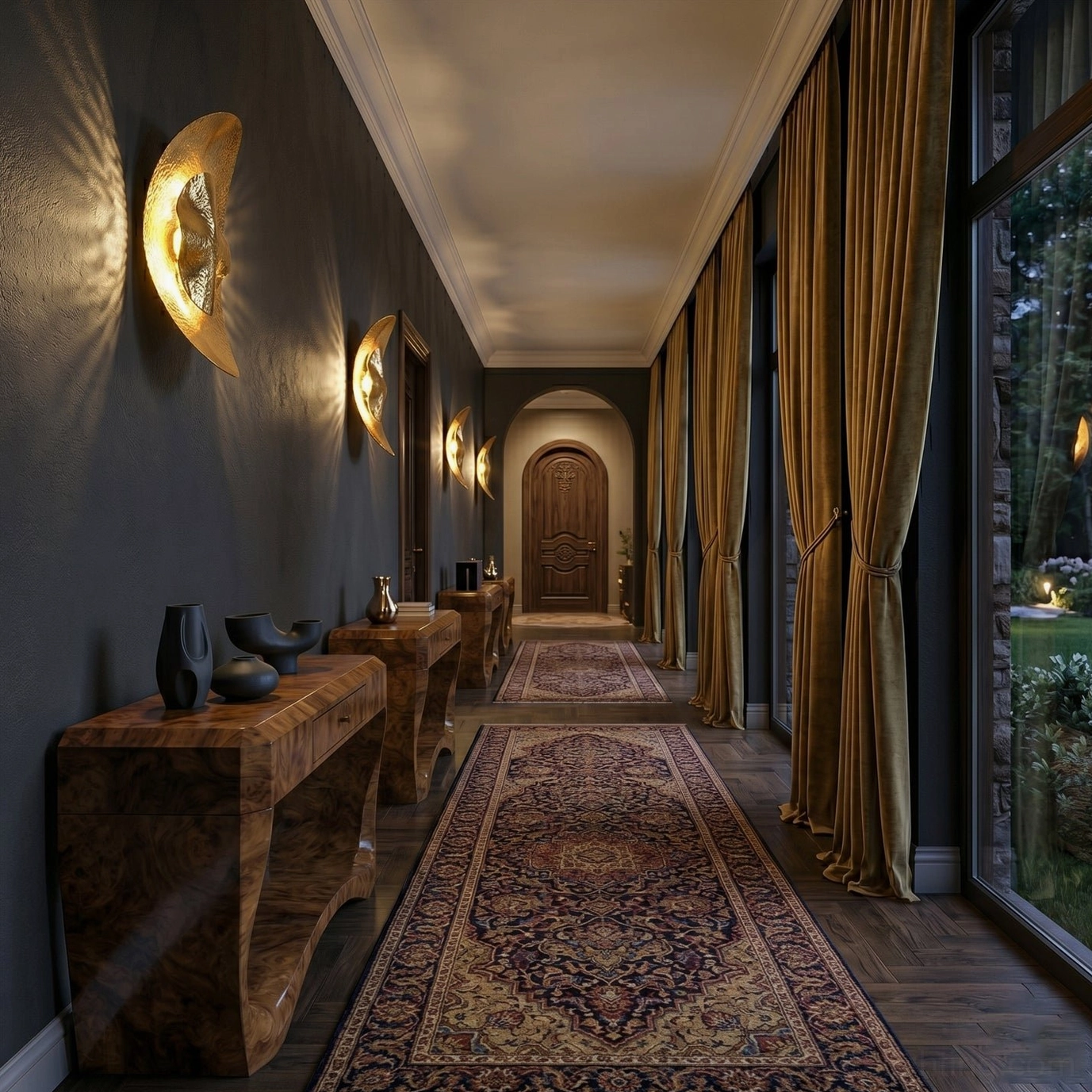Linear series of Helios hammered brass sconces along neoclassical hallway with floor-to-ceiling windows and vintage runner rug