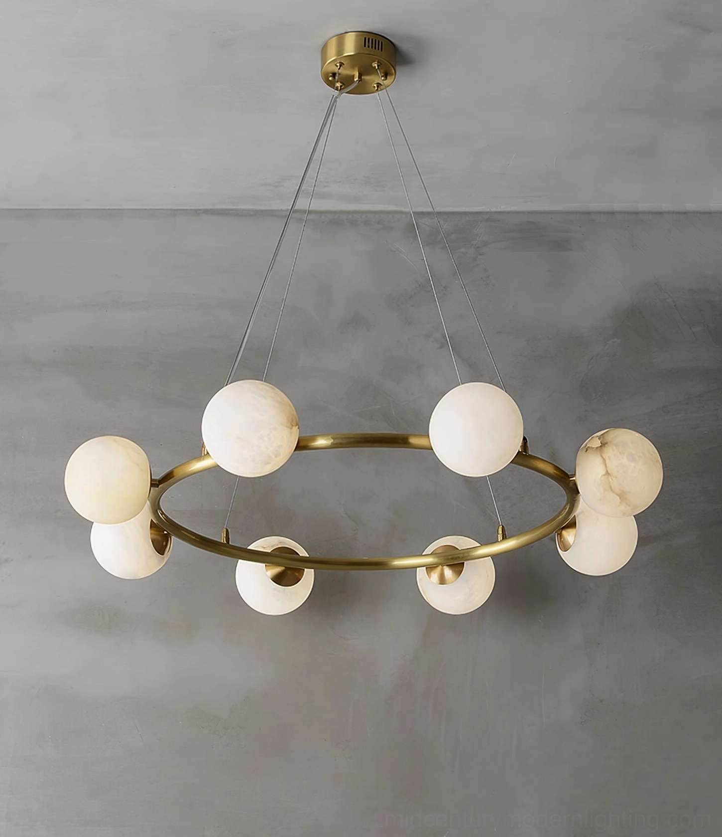 Helix 6-head chandelier compact mid-century modern design, contemporary minimalist lighting fixture with brass and alabaster