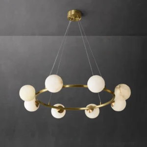 Modern helix chandelier 8-head configuration with suspension wires and alabaster lamp shades, three-quarter front view against dark gray wall