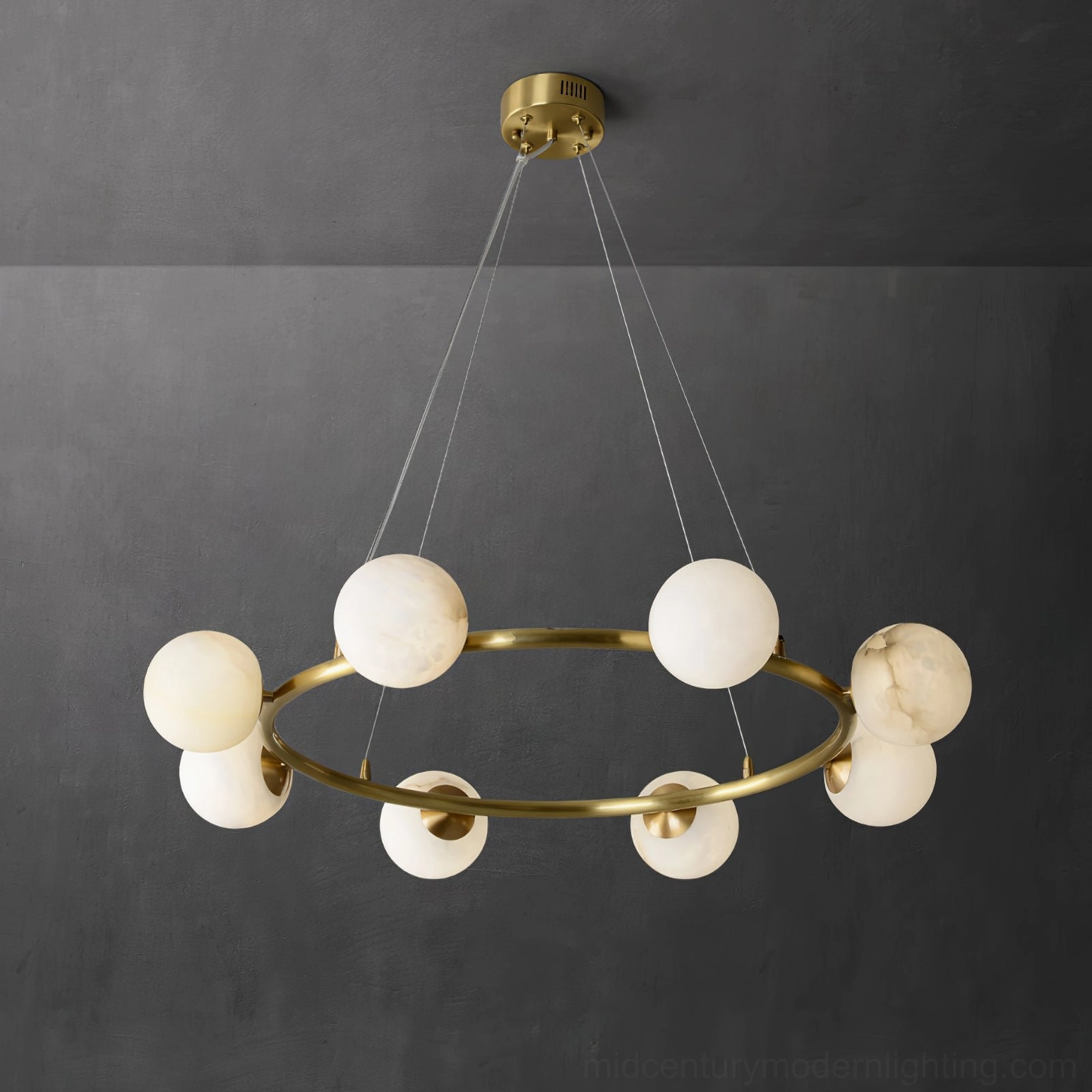 Modern helix chandelier 8-head configuration with suspension wires and alabaster lamp shades, three-quarter front view against dark gray wall