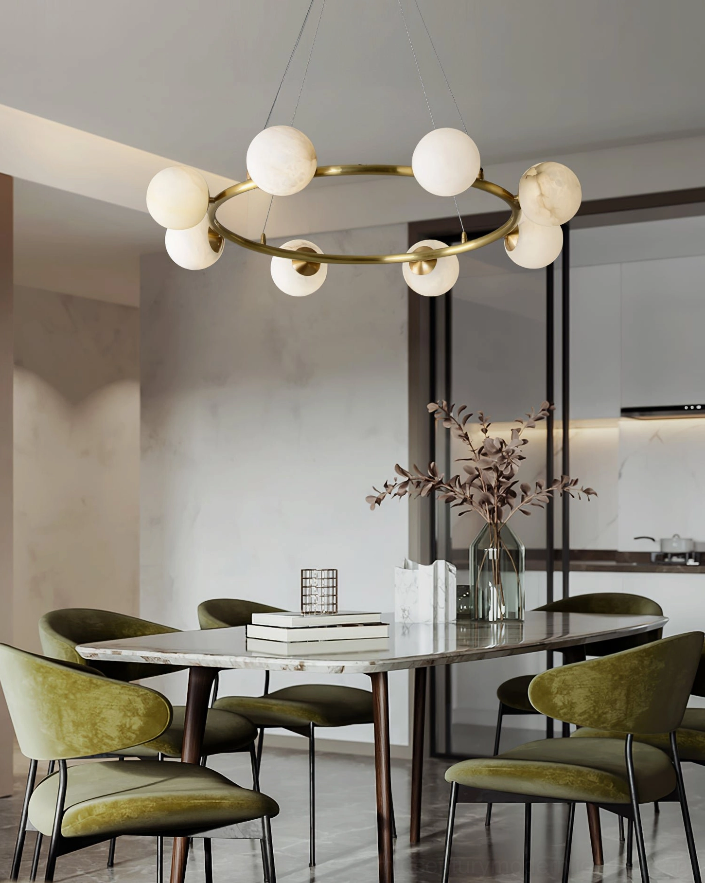 Helix 8-head statement chandelier large-scale modern sculpture light fixture, premium brass and natural alabaster construction